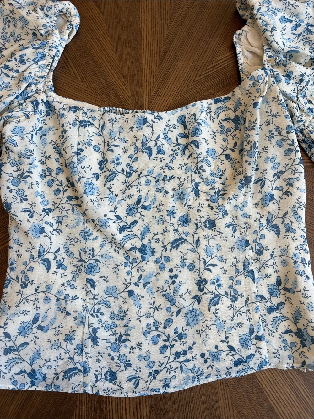 Reformation White and Blue Floral Puff-Sleeve Square-Neck Top